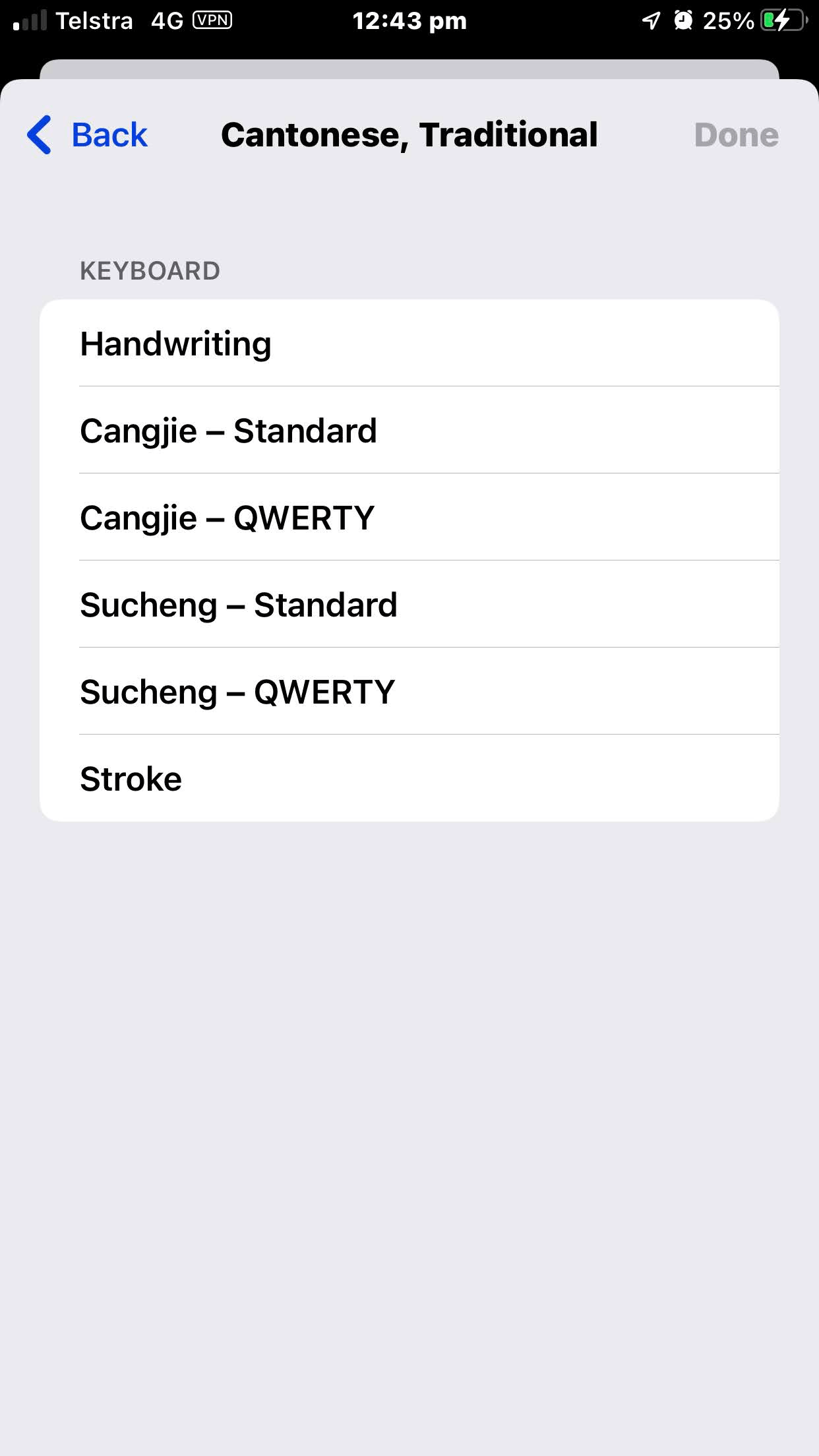 Image showing Cantonese Handwriting options on iOS